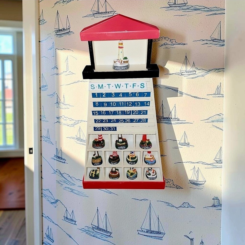 Lighthouse Perpetual Calendar Complete 12 Month Figurines Wood Display 18x10